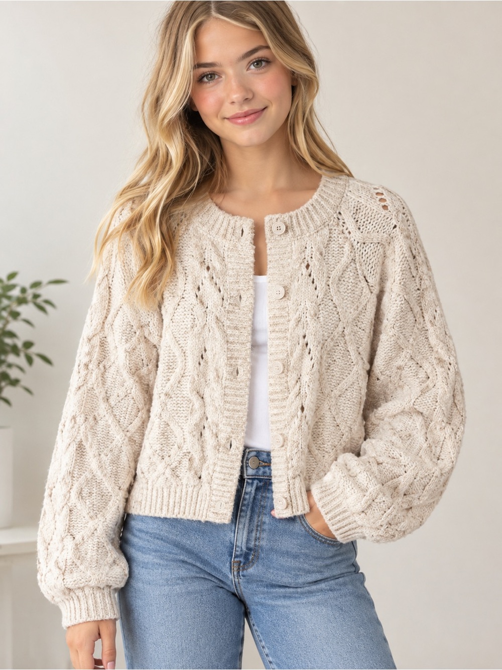 Lucky Brand Cream Cable-Knit Button Cardigan Medium